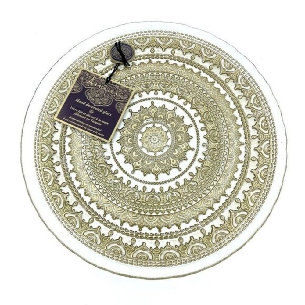 Turkish Glass Entrée Plates Hand Painted Gold Lace Set of 2 NWT Clear Glass NWT